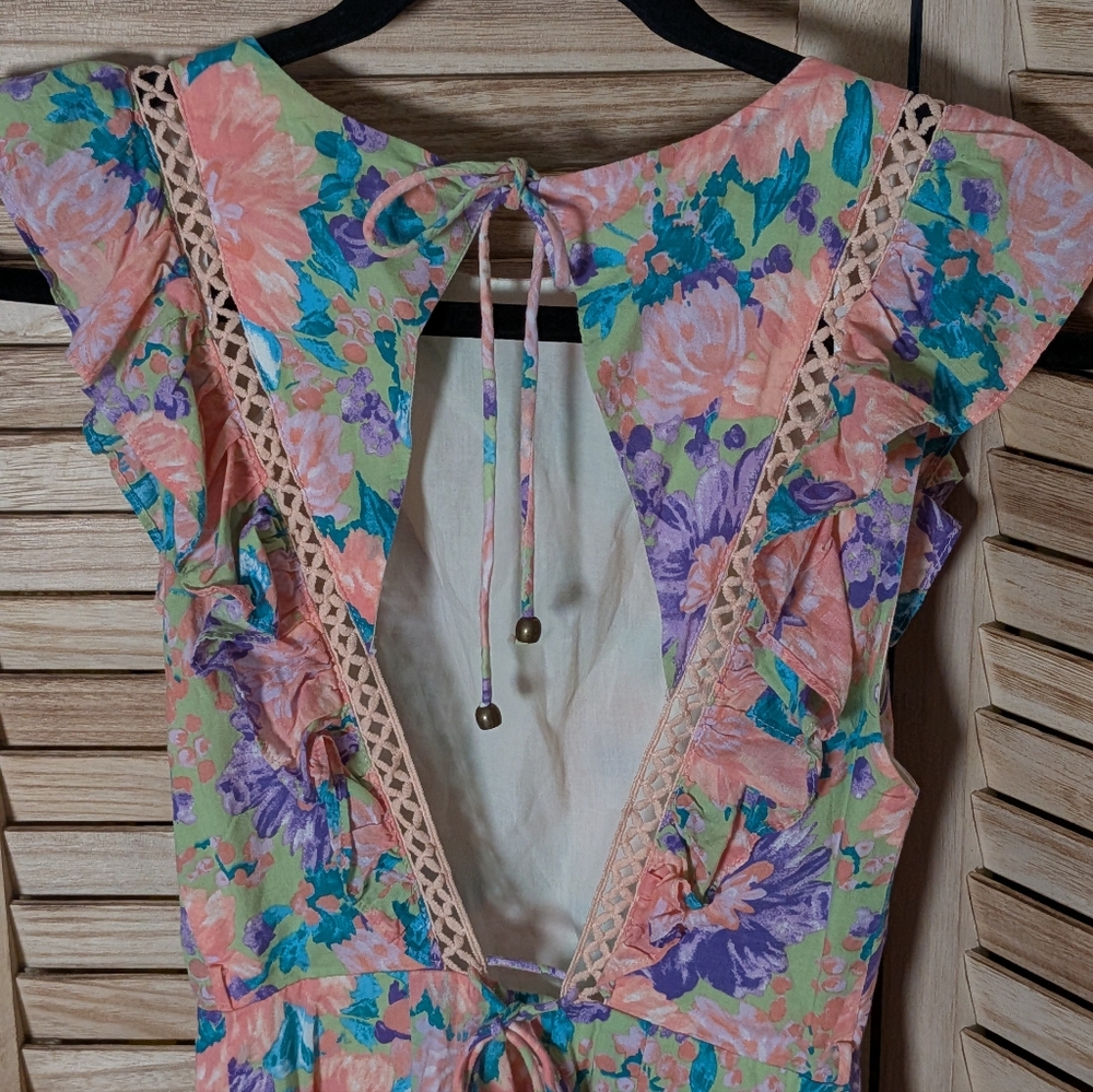 Indikah Floral Ruffle Tiered Open Back Mini Dress Pink Green Cottagecore Size 4 - Picture 7 of 8